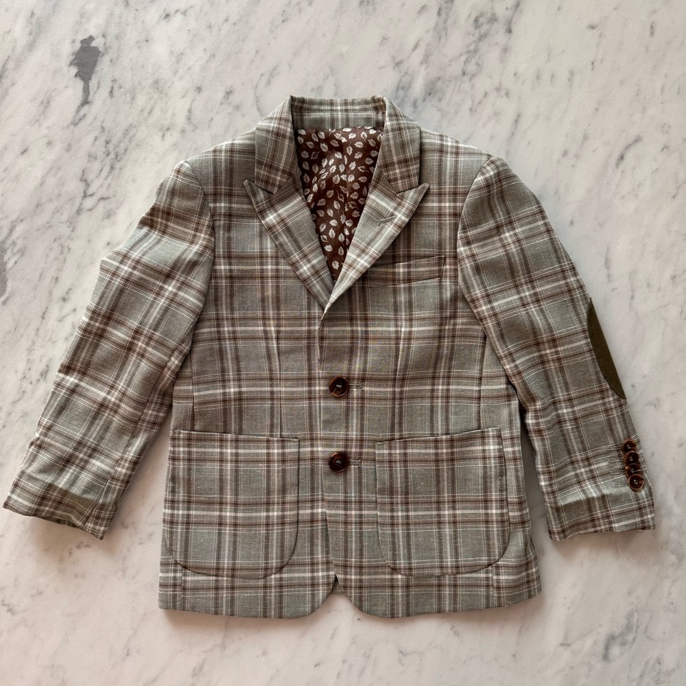 Isaac Mizrahi NewYork Boys 4 Checked Blazer Olive Brown Oxford Plaid Linen Elbow